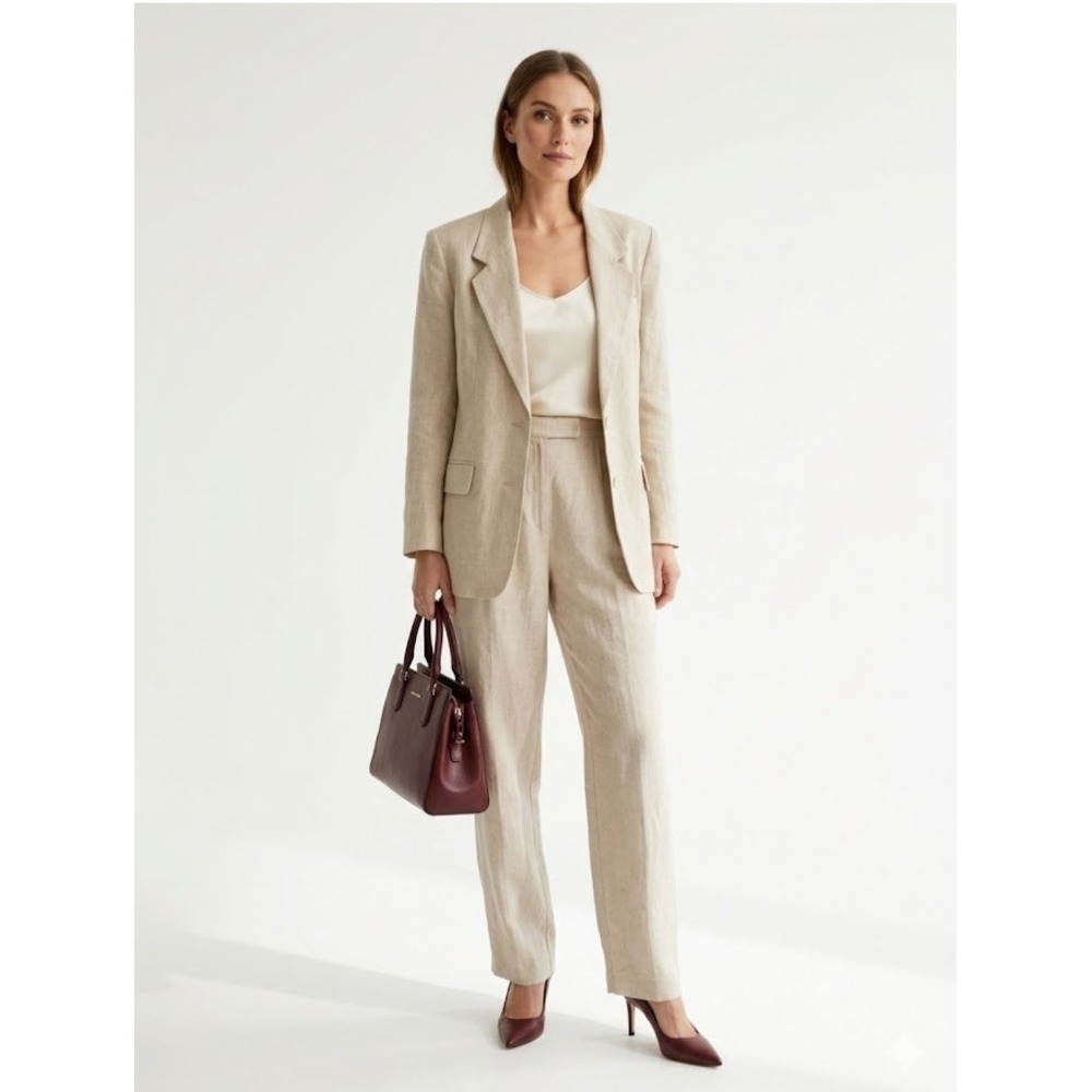 Talbots Pant Suit Women 8P Beige 100% Irish Linen Blazer Trousers Set Co-ord